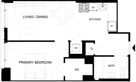 Floor plan for 1 bed, 1 bath, 546 sqft